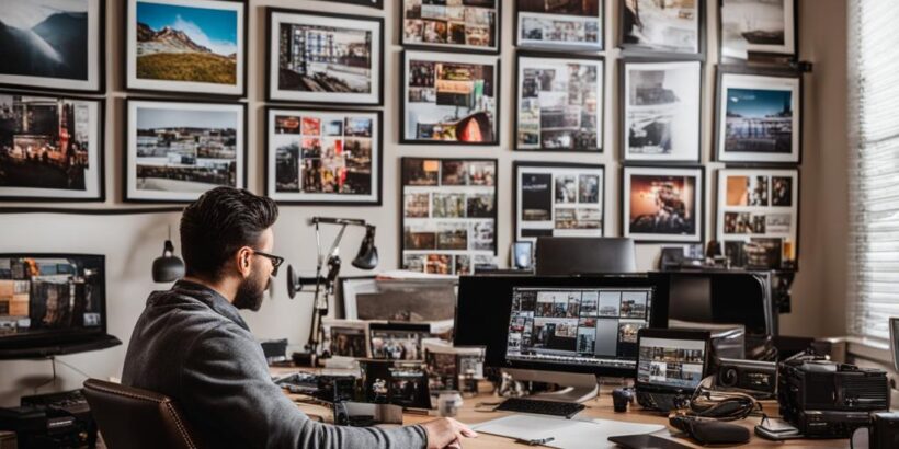 a videographer sitting at his desk editing a video
